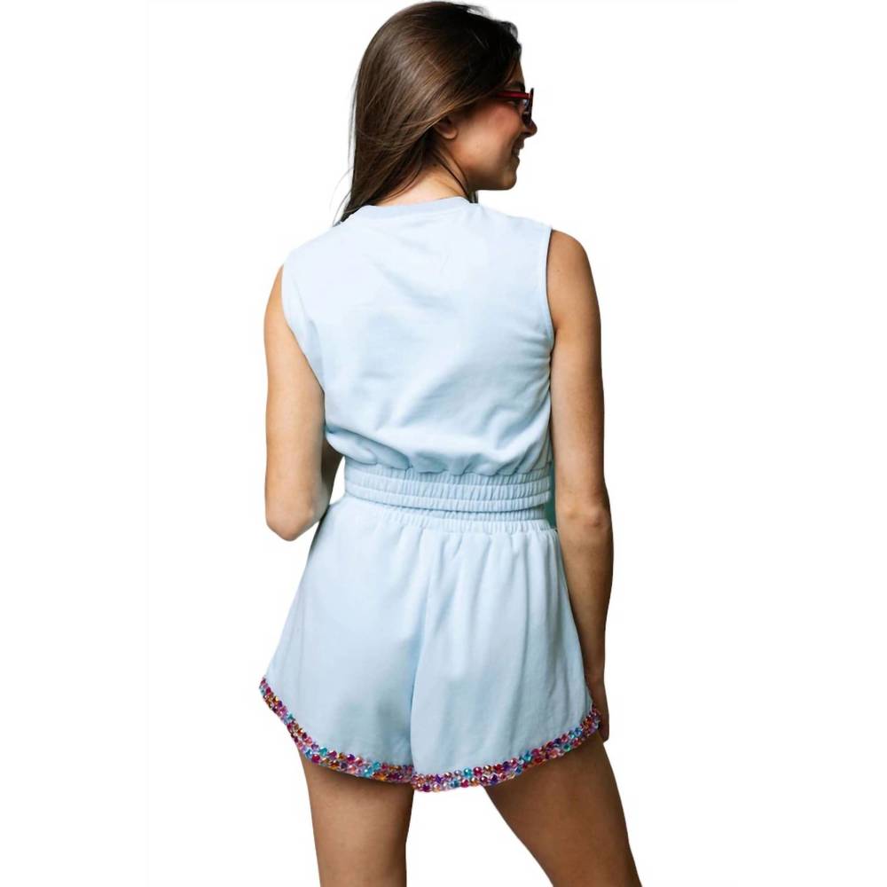 NEW QUEEN OF SPARKLES jewel trim shorts in light blue - Picture 3 of 4
